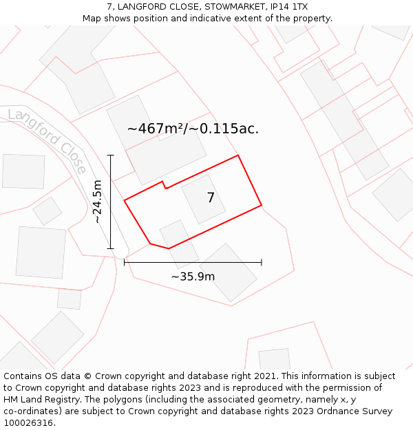 7, LANGFORD CLOSE, STOWMARKET, IP14 1TX: Plot and title map