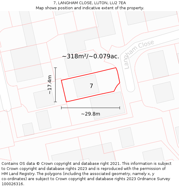 7, LANGHAM CLOSE, LUTON, LU2 7EA: Plot and title map