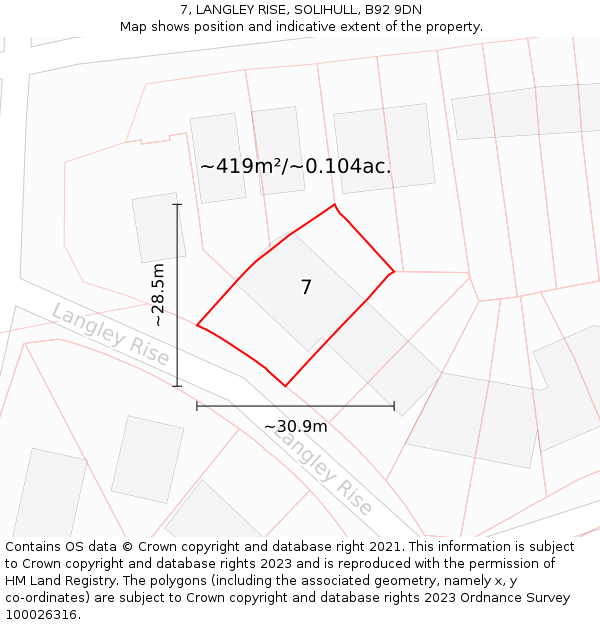7, LANGLEY RISE, SOLIHULL, B92 9DN: Plot and title map