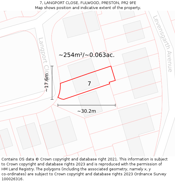 7, LANGPORT CLOSE, FULWOOD, PRESTON, PR2 9FE: Plot and title map