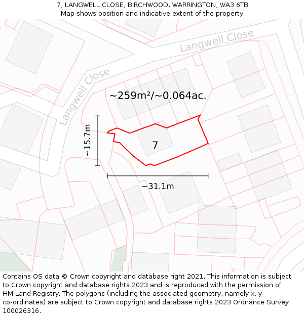 7, LANGWELL CLOSE, BIRCHWOOD, WARRINGTON, WA3 6TB: Plot and title map