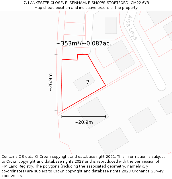 7, LANKESTER CLOSE, ELSENHAM, BISHOP'S STORTFORD, CM22 6YB: Plot and title map