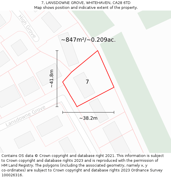 7, LANSDOWNE GROVE, WHITEHAVEN, CA28 6TD: Plot and title map
