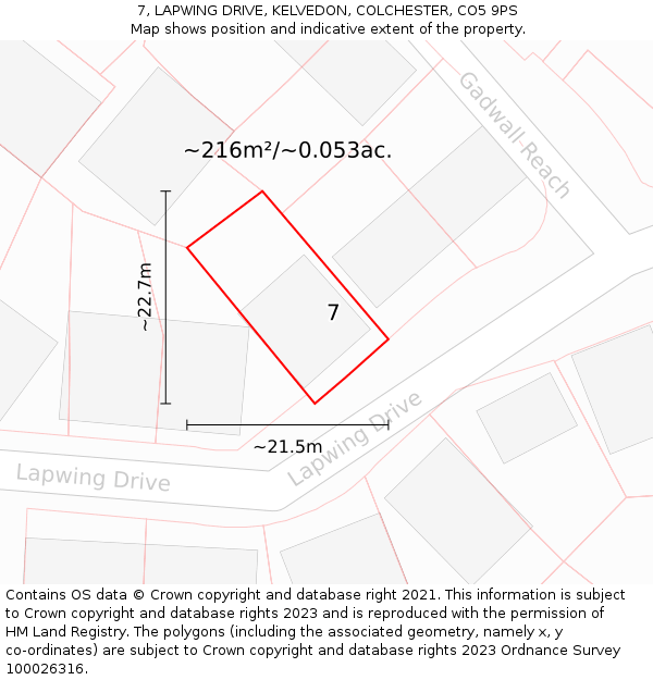 7, LAPWING DRIVE, KELVEDON, COLCHESTER, CO5 9PS: Plot and title map