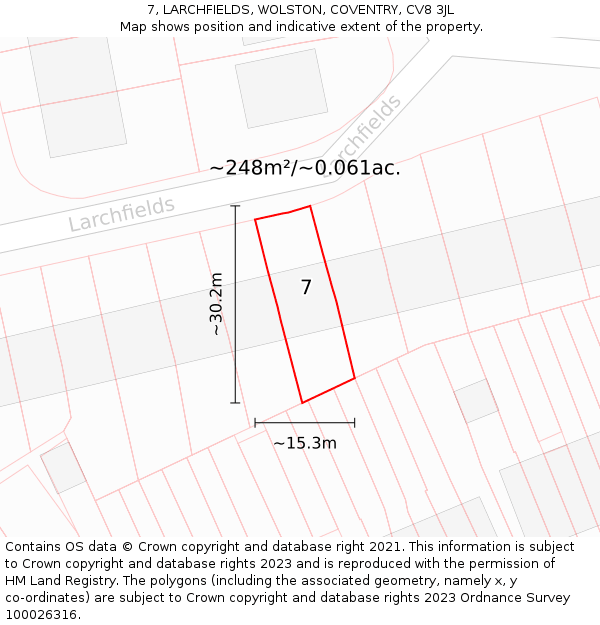 7, LARCHFIELDS, WOLSTON, COVENTRY, CV8 3JL: Plot and title map