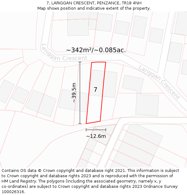 7, LARIGGAN CRESCENT, PENZANCE, TR18 4NH: Plot and title map