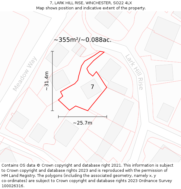 7, LARK HILL RISE, WINCHESTER, SO22 4LX: Plot and title map