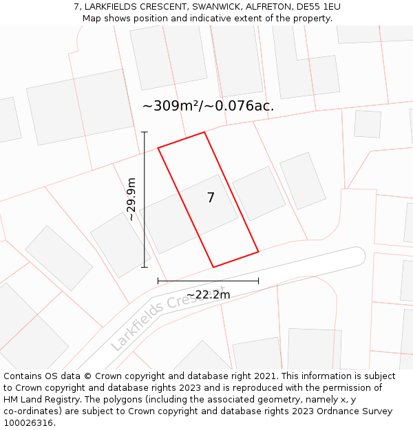 7, LARKFIELDS CRESCENT, SWANWICK, ALFRETON, DE55 1EU: Plot and title map