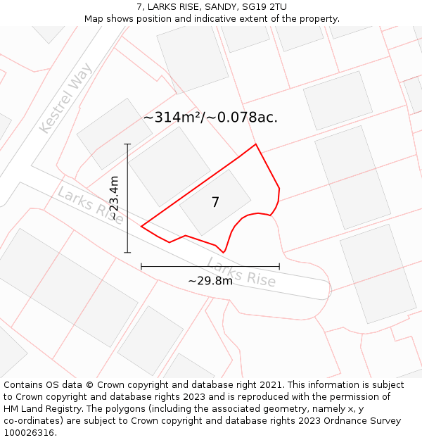 7, LARKS RISE, SANDY, SG19 2TU: Plot and title map