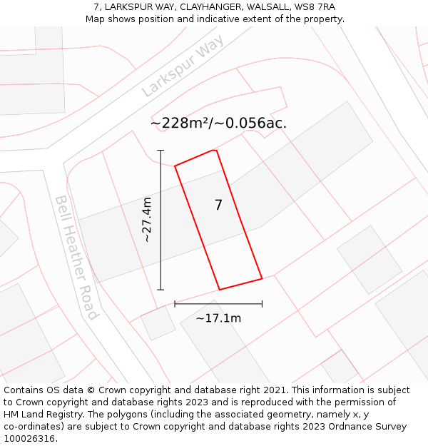 7, LARKSPUR WAY, CLAYHANGER, WALSALL, WS8 7RA: Plot and title map