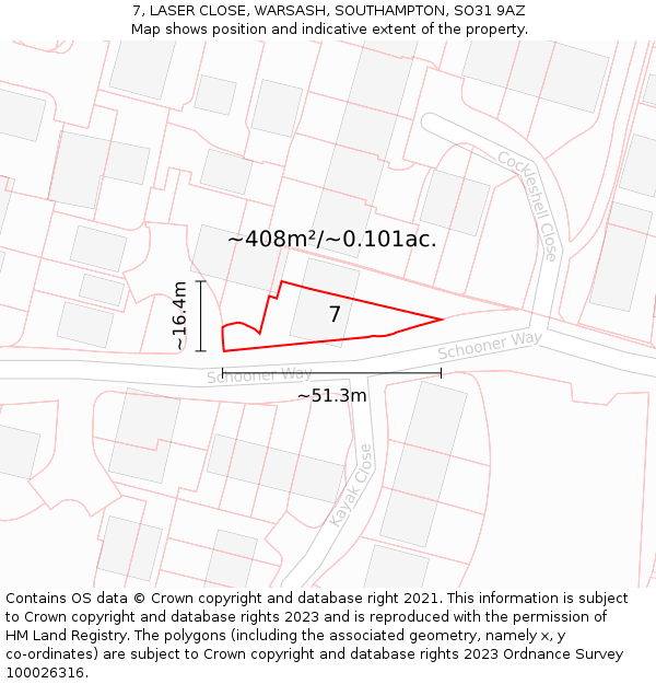 7, LASER CLOSE, WARSASH, SOUTHAMPTON, SO31 9AZ: Plot and title map