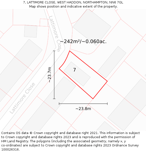 7, LATTIMORE CLOSE, WEST HADDON, NORTHAMPTON, NN6 7GL: Plot and title map