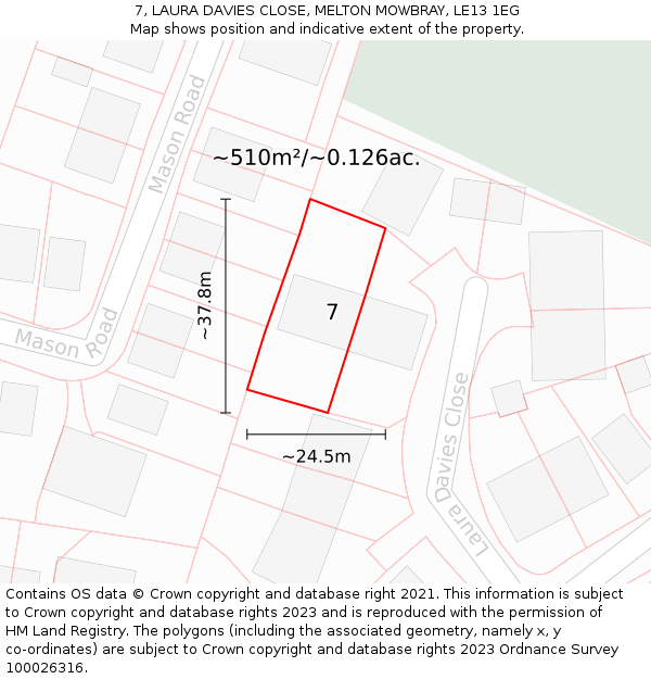 7, LAURA DAVIES CLOSE, MELTON MOWBRAY, LE13 1EG: Plot and title map