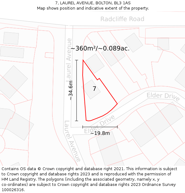 7, LAUREL AVENUE, BOLTON, BL3 1AS: Plot and title map