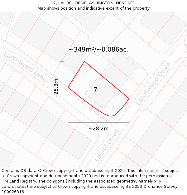 7, LAUREL DRIVE, ASHINGTON, NE63 9FF: Plot and title map