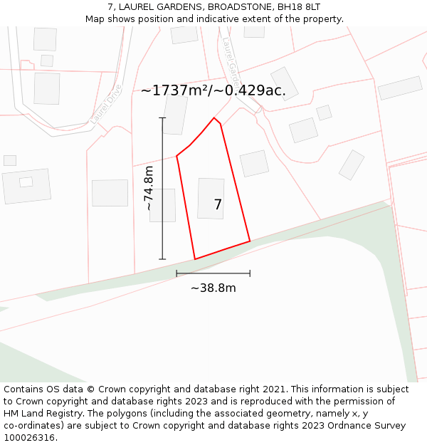 7, LAUREL GARDENS, BROADSTONE, BH18 8LT: Plot and title map