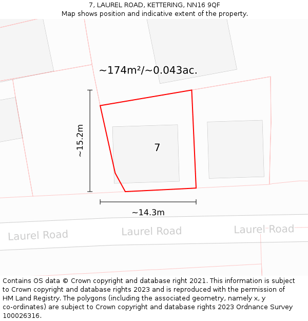 7, LAUREL ROAD, KETTERING, NN16 9QF: Plot and title map