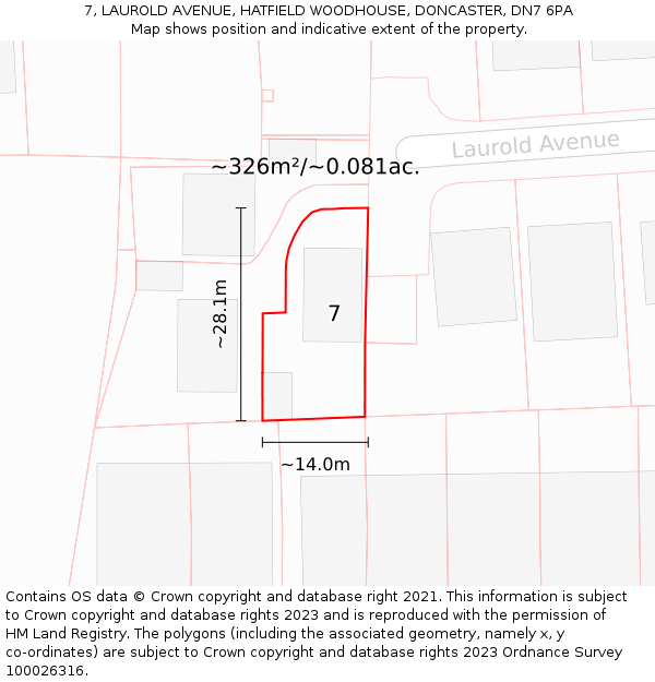 7, LAUROLD AVENUE, HATFIELD WOODHOUSE, DONCASTER, DN7 6PA: Plot and title map