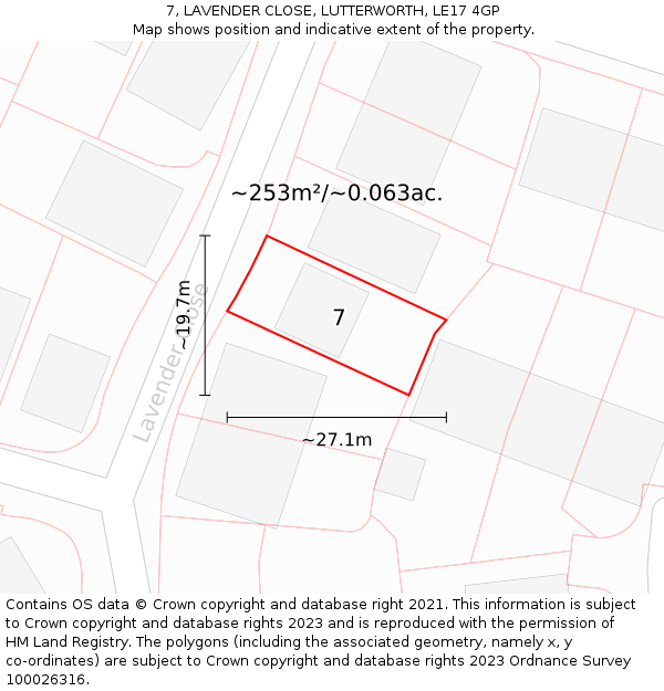 7, LAVENDER CLOSE, LUTTERWORTH, LE17 4GP: Plot and title map