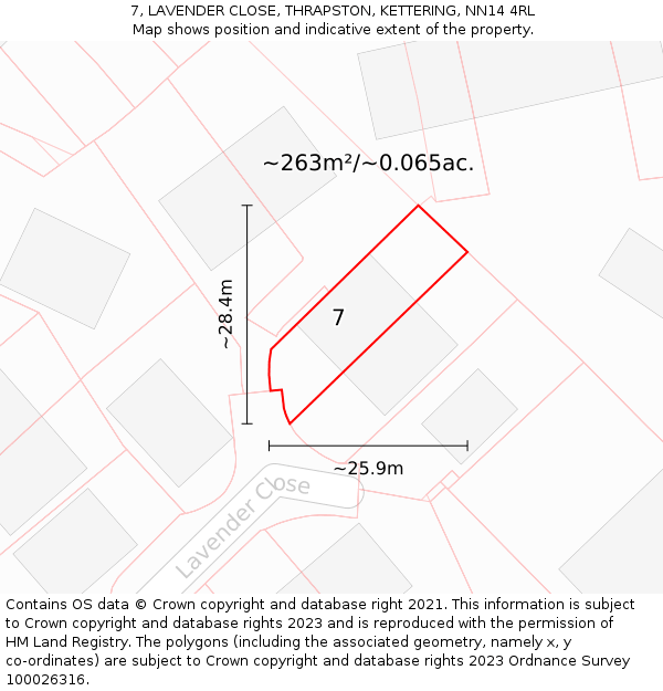 7, LAVENDER CLOSE, THRAPSTON, KETTERING, NN14 4RL: Plot and title map
