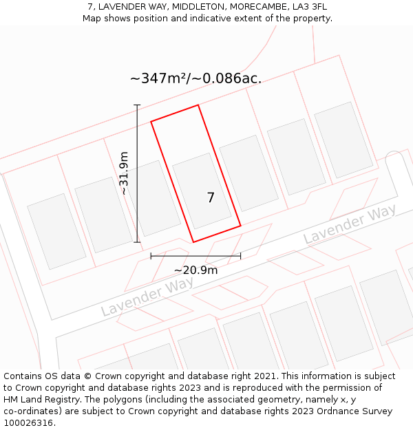 7, LAVENDER WAY, MIDDLETON, MORECAMBE, LA3 3FL: Plot and title map
