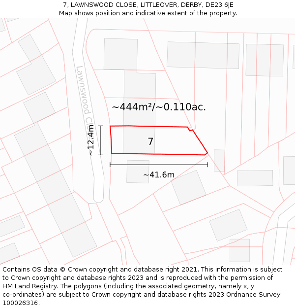 7, LAWNSWOOD CLOSE, LITTLEOVER, DERBY, DE23 6JE: Plot and title map