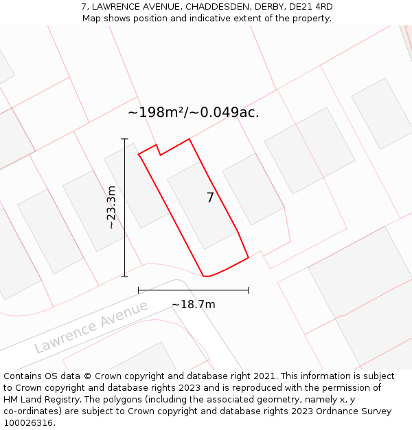 7, LAWRENCE AVENUE, CHADDESDEN, DERBY, DE21 4RD: Plot and title map