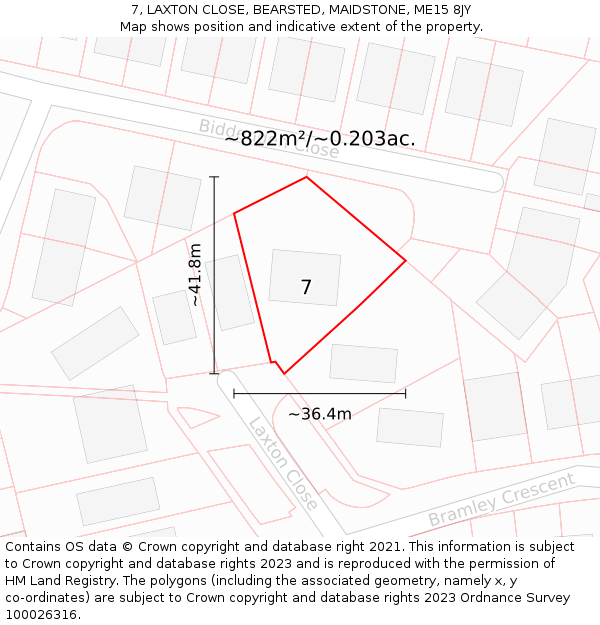 7, LAXTON CLOSE, BEARSTED, MAIDSTONE, ME15 8JY: Plot and title map