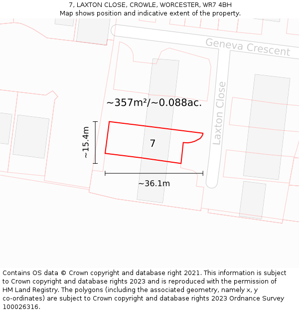 7, LAXTON CLOSE, CROWLE, WORCESTER, WR7 4BH: Plot and title map