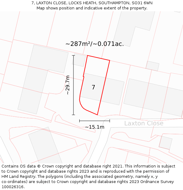 7, LAXTON CLOSE, LOCKS HEATH, SOUTHAMPTON, SO31 6WN: Plot and title map