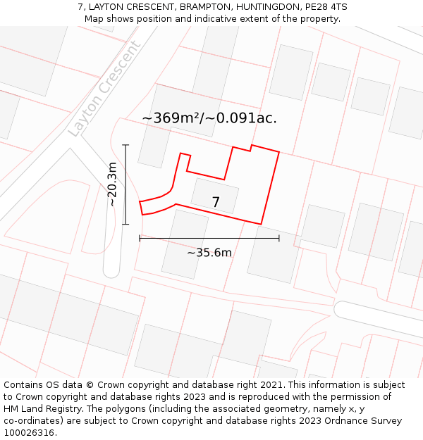 7, LAYTON CRESCENT, BRAMPTON, HUNTINGDON, PE28 4TS: Plot and title map
