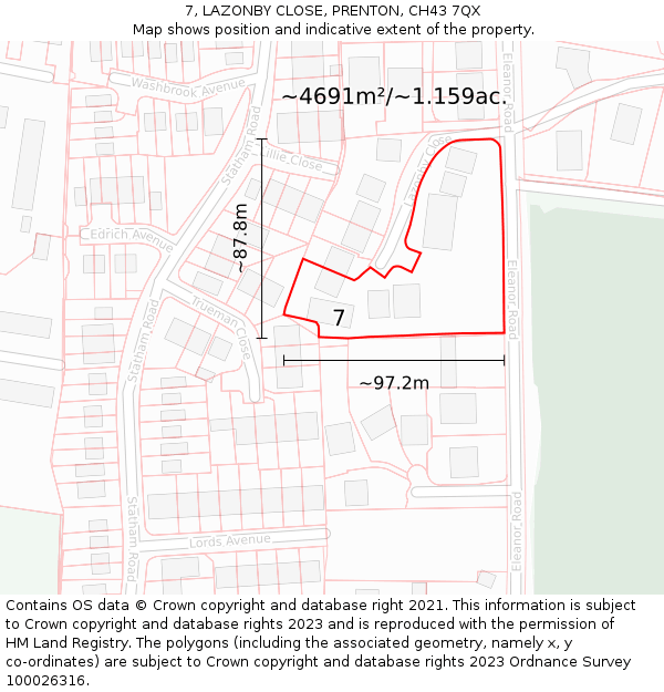 7, LAZONBY CLOSE, PRENTON, CH43 7QX: Plot and title map