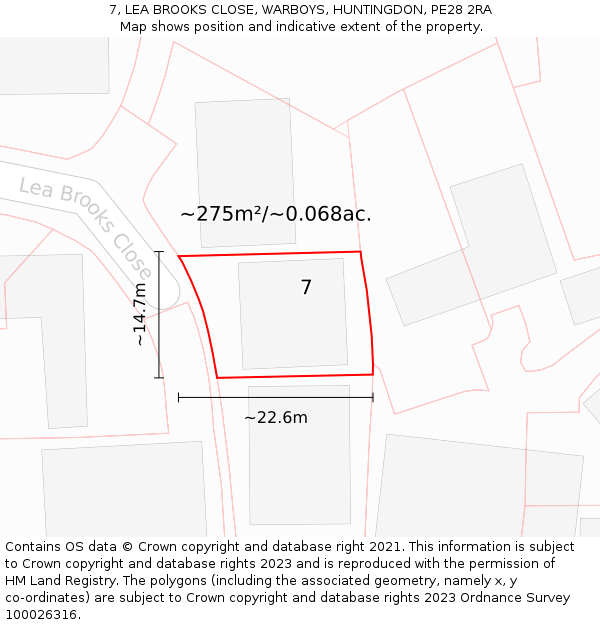 7, LEA BROOKS CLOSE, WARBOYS, HUNTINGDON, PE28 2RA: Plot and title map