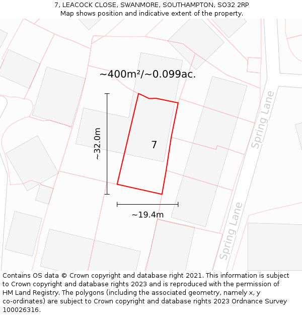 7, LEACOCK CLOSE, SWANMORE, SOUTHAMPTON, SO32 2RP: Plot and title map