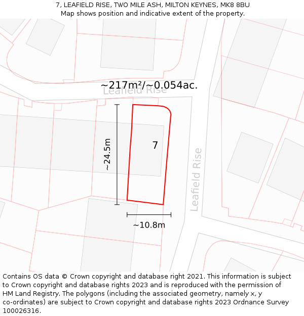 7, LEAFIELD RISE, TWO MILE ASH, MILTON KEYNES, MK8 8BU: Plot and title map