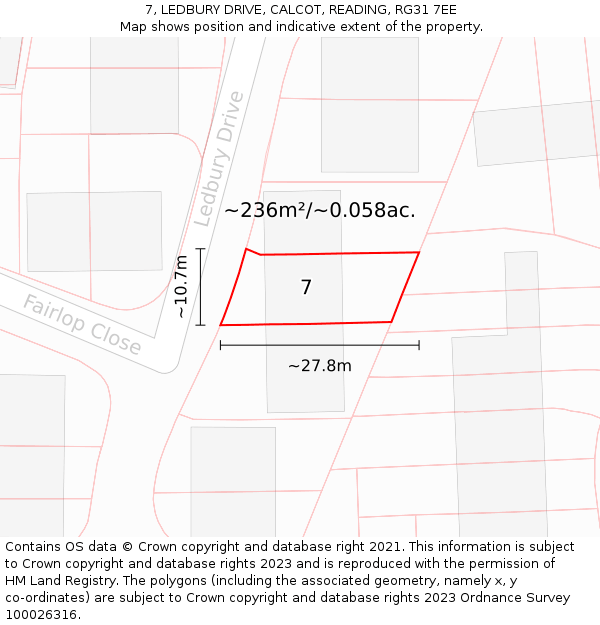 7, LEDBURY DRIVE, CALCOT, READING, RG31 7EE: Plot and title map