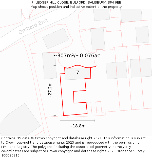 7, LEDGER HILL CLOSE, BULFORD, SALISBURY, SP4 9EB: Plot and title map