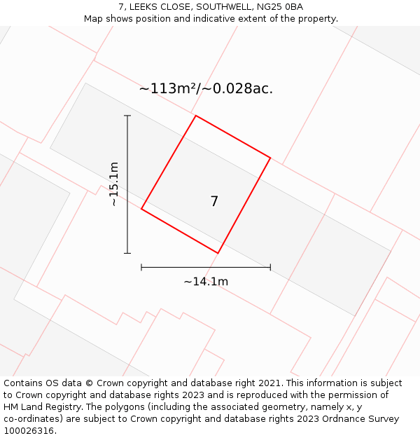 7, LEEKS CLOSE, SOUTHWELL, NG25 0BA: Plot and title map