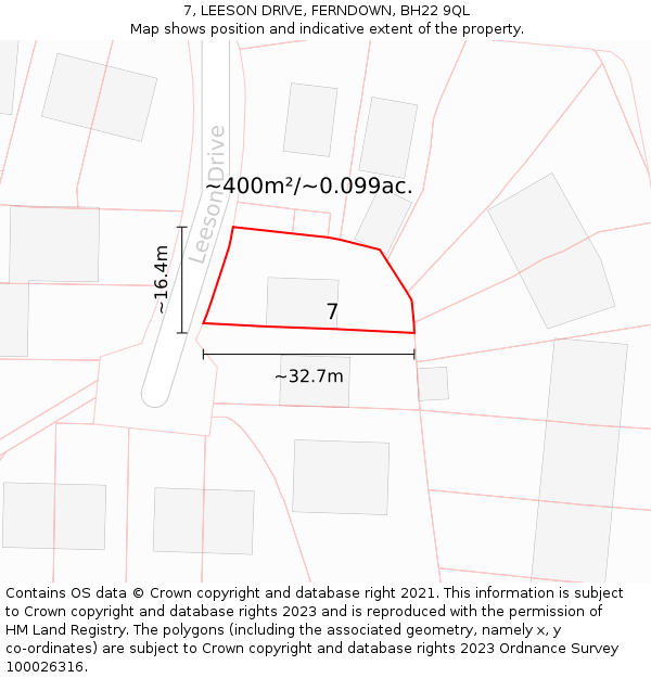 7, LEESON DRIVE, FERNDOWN, BH22 9QL: Plot and title map