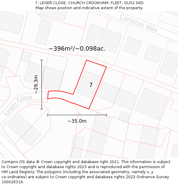 7, LEGER CLOSE, CHURCH CROOKHAM, FLEET, GU52 0XD: Plot and title map