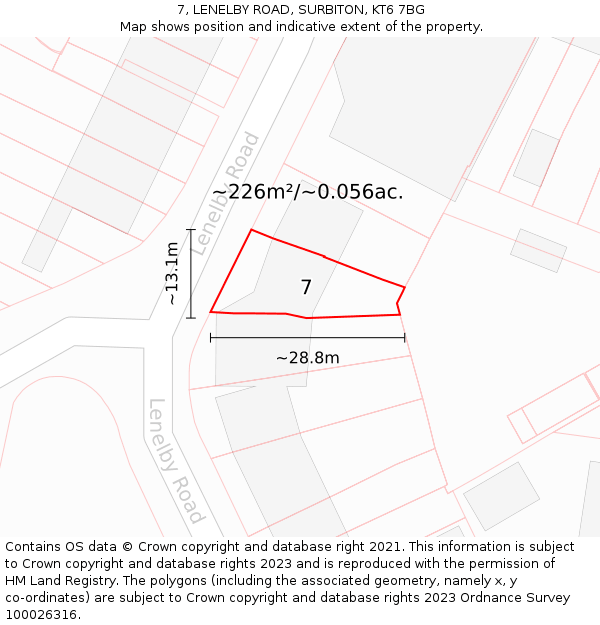 7, LENELBY ROAD, SURBITON, KT6 7BG: Plot and title map