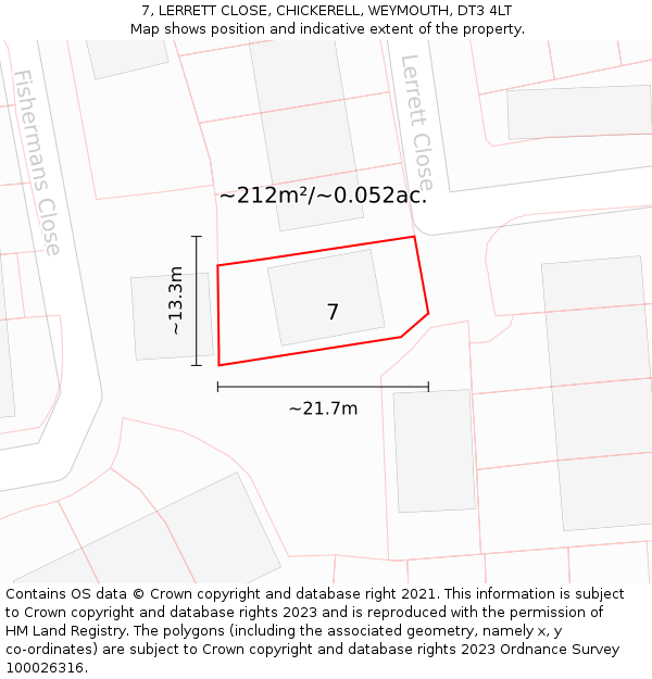 7, LERRETT CLOSE, CHICKERELL, WEYMOUTH, DT3 4LT: Plot and title map
