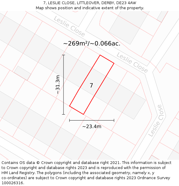7, LESLIE CLOSE, LITTLEOVER, DERBY, DE23 4AW: Plot and title map