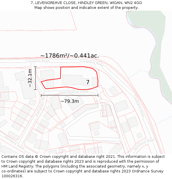 7, LEVENGREAVE CLOSE, HINDLEY GREEN, WIGAN, WN2 4GG: Plot and title map