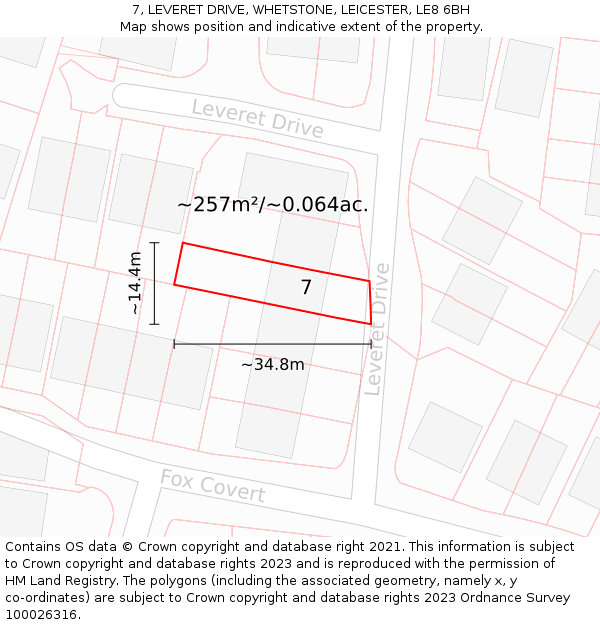 7, LEVERET DRIVE, WHETSTONE, LEICESTER, LE8 6BH: Plot and title map
