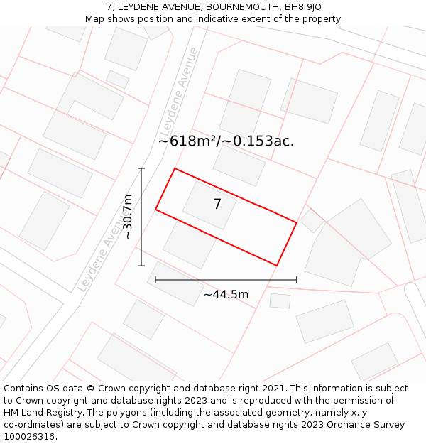 7, LEYDENE AVENUE, BOURNEMOUTH, BH8 9JQ: Plot and title map