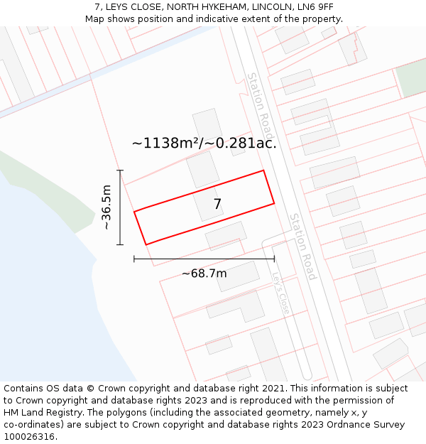 7, LEYS CLOSE, NORTH HYKEHAM, LINCOLN, LN6 9FF: Plot and title map