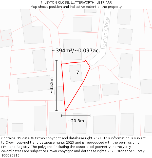 7, LEYTON CLOSE, LUTTERWORTH, LE17 4AR: Plot and title map