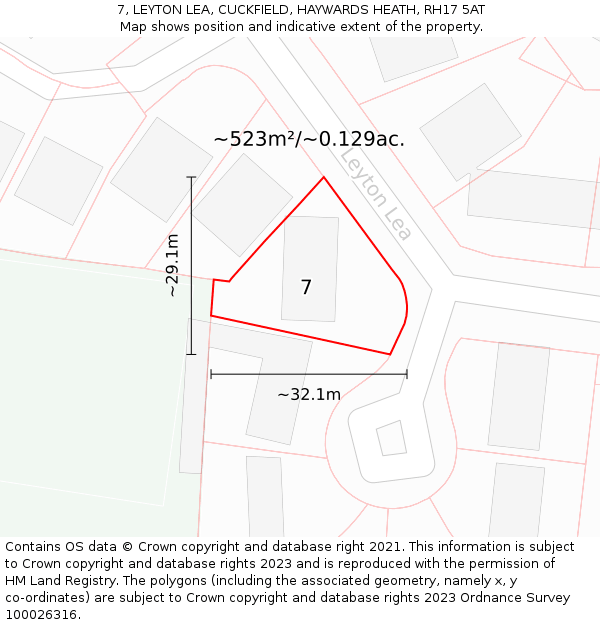 7, LEYTON LEA, CUCKFIELD, HAYWARDS HEATH, RH17 5AT: Plot and title map