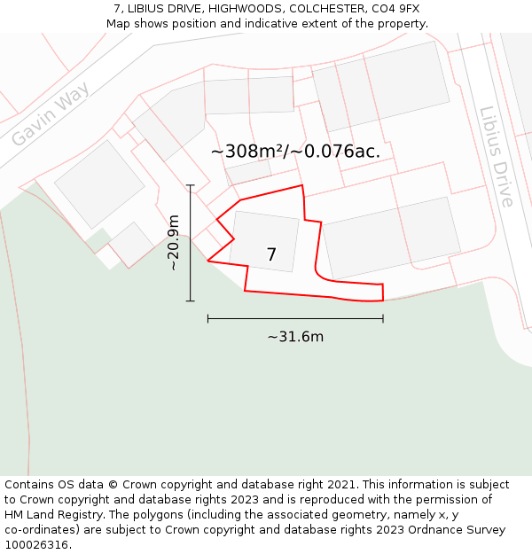 7, LIBIUS DRIVE, HIGHWOODS, COLCHESTER, CO4 9FX: Plot and title map